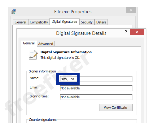 Screenshot of the Bit9, Inc certificate